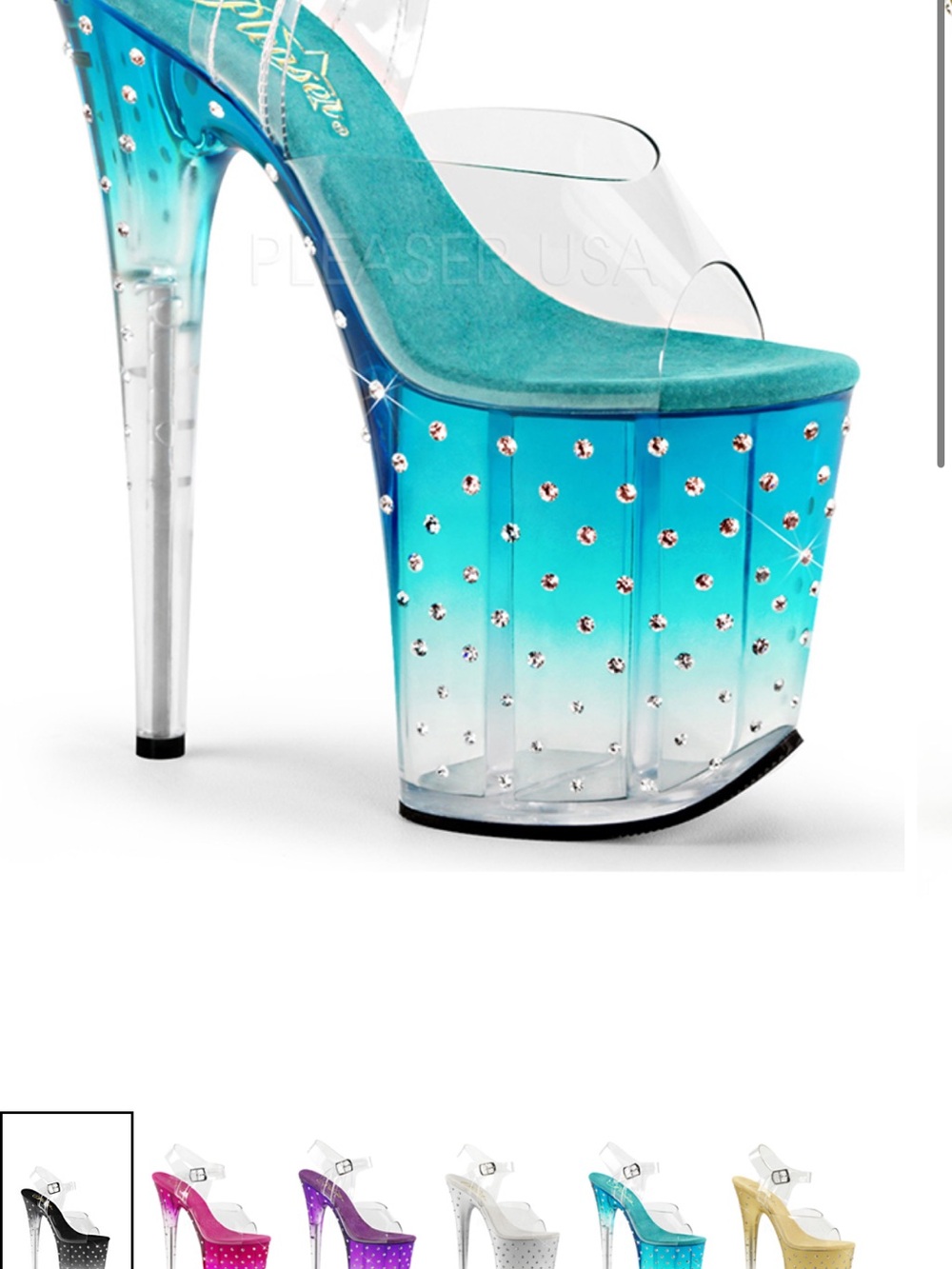Pleaser Teal-to-Clear Ombre Platform Heels with Rhinestones